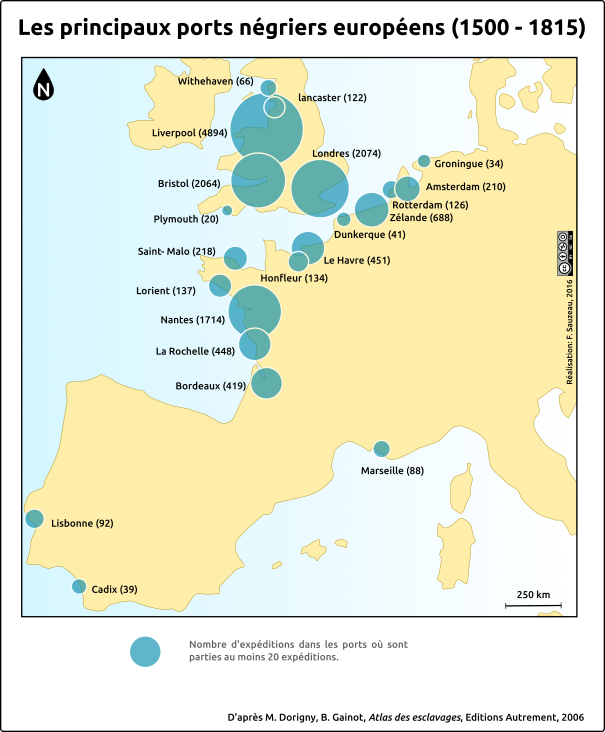 Carte représentant le trafic des principaux ports négriers européens entre 1500 et 1815