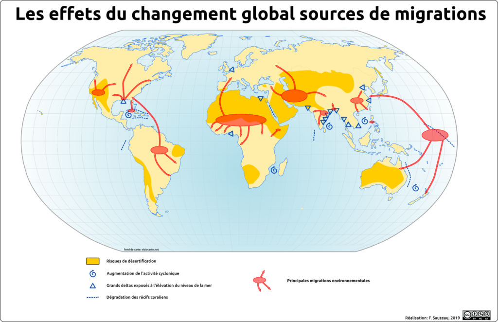 carte couleur représentant les conséquences du changement global sur les migrations de popuplation