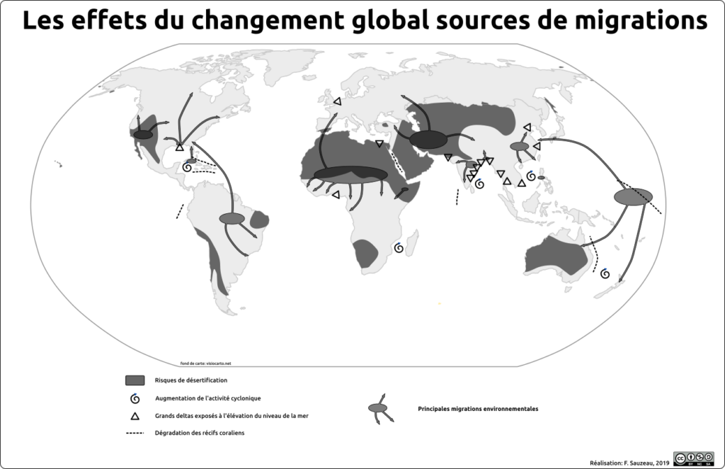 carte couleur représentant les conséquences du changement global sur les migrations de popuplation