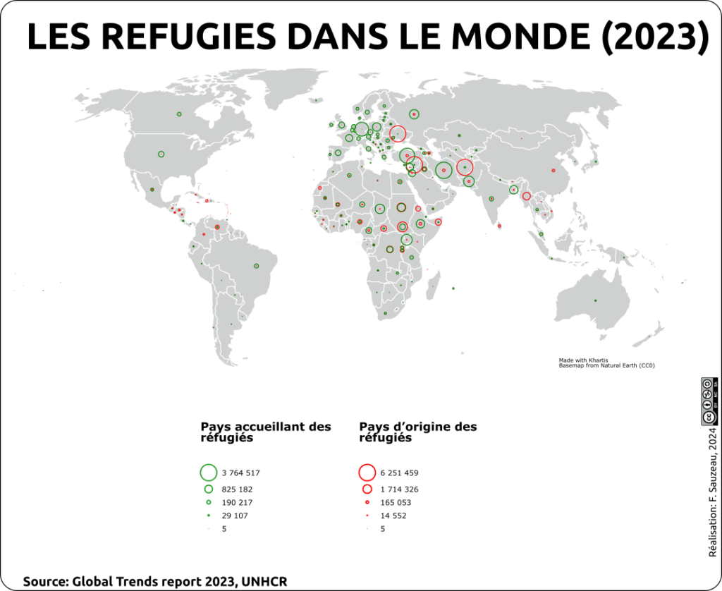 Carte représentant les réfugiés dans le monde en 2023 en fonction de leurs pays de départ et du pays d'arrivée