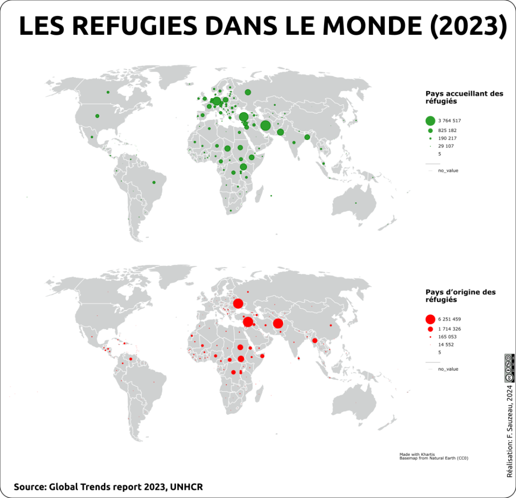 Cartes représentant les réfugiés dans le monde en 2023 en fonction de leurs pays de départ et du pays d'arrivée