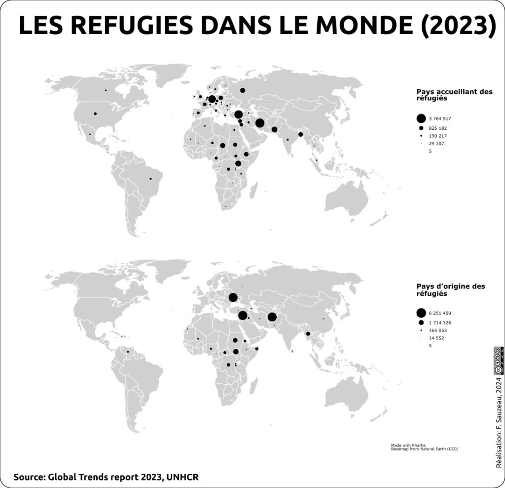 Cartes noir et blanc représentant les réfugiés dans le monde en 2023 en fonction de leurs pays de départ et du pays d'arrivée